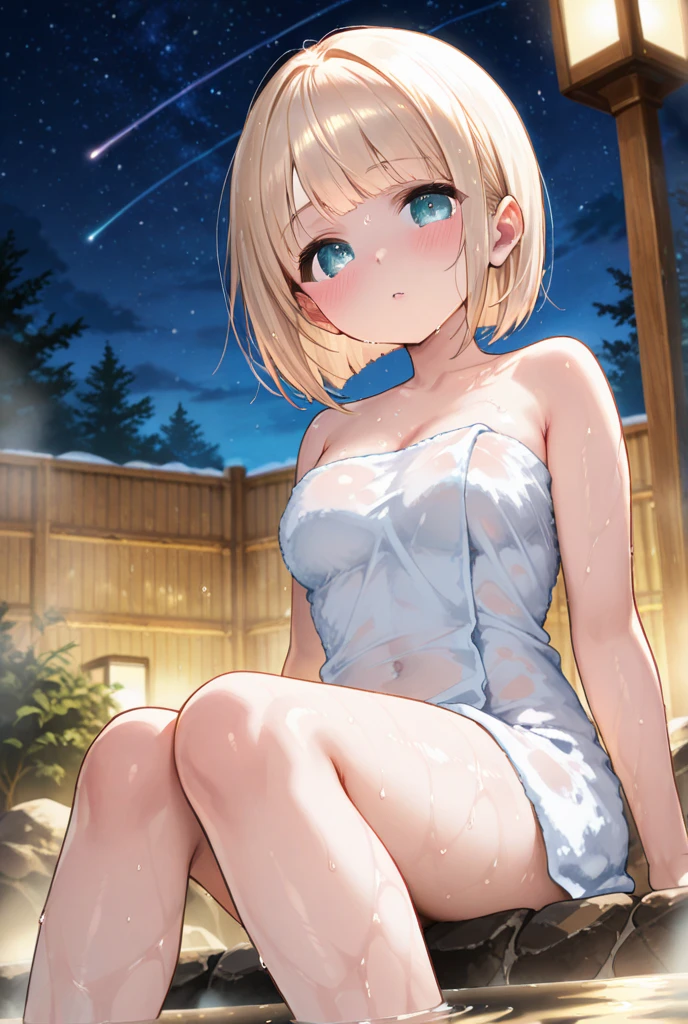 This is a hot spring deep in the mountains at midnight.、You can see the night view of Lake Suwa in the background.、small moon reflecting on the lake、beautiful starry sky、I can see a meteor shower、Three Japanese middle school girls relaxing in a hot spring、small breasts、a swollen chest、Everyone is looking at us in fear..、I can see pubic hair、I'm shy、You can see pink nipples、everyone is naked、One is a slender woman with dark brown hair and a fluffy long bob.、The other is a married woman with loose lob hair, brown hair, and small breasts.、The last one has blonde bob hair and is the only one with big breasts.、slender、small size breasts、modest chest、Small breasts、shaggy public hair. under hair. I can see pubic hair、R18 illustration、Eromanga、Erotic illustration、2D illustration、Japan anime、drawn by Japanese ilastrator、high resolution、4K quality、high quality、High resolution、5 million pixels、high detail、No correction