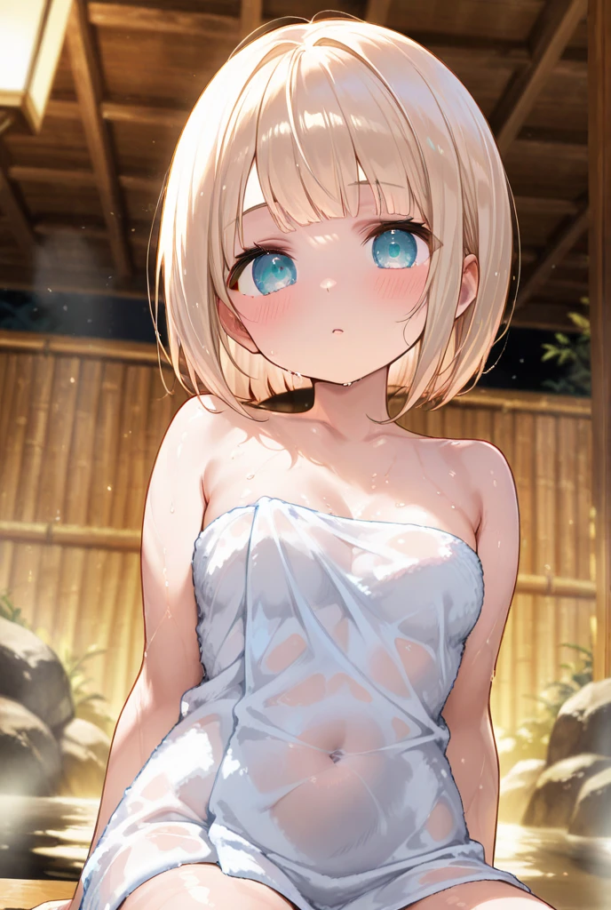 absurdres, (masterpiece, best quality), (ultra-detailed), extremely detailed, super high resolution, (Top Quality photorealistic Illustration), (Super Definition), (best quality,masterpiece:1.0),(cute illustration:1.3), (high Saturation:1.2), highres, ultra-detailed, 32k,8k resolution, intricate details, cinematic scene, detailed background, detailed background,(masutepiece:1.2), (Best Quality:1.2), hyper detailed illustration, beautiful artwork,(Extreme detail CG Unity), (8K Wallpaper)、(exquisite lighting and shadow)、(highly dramatic picture)、(cinematic lens effects),strong light coming in, BREAK (dynamic angle:1.6), (close to viewer:1.6),from below, depth background, in the Poolside, pool, splashing, blue sky, windy, rim light, sunlight, beautiful lighting, strong light, widely, (girly standing:1.3), ((looking at viewer)), BREAK 1 girl, (us1),blonde hair, purple eyes,short hair,short bob cut, (straight hair:1.8), cute girl, (round face:1.6), (baby face:1.6), (kawaii:1.6), (cute:1.6), ( face:1.6), (round eyes), (ultra-detailed brilliant big eyes), (large pupil), ((shiny skin)), ((pale skin)), (shy), (blush), smile, BREAK (show off nipples:1.8), (full nude:1.8), (exposed chest:1.8), (no bra:1.3),medium breasts, (small nipples:1.2), (small areolas:1.2),,(very extremely small panties:1.8),(pussy line:1.8), Big smile