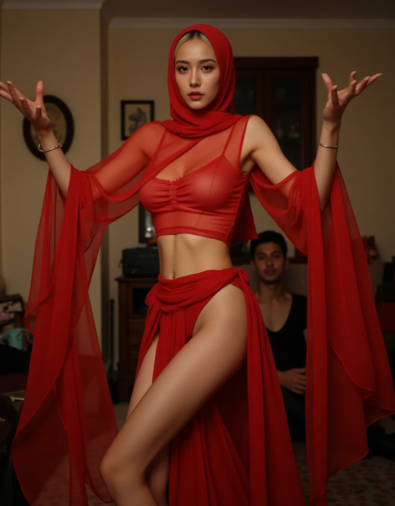 a woman covered in red satin cloth, mummified in satin, tied tight in satin, shape like mermaid gown, tight in leg, wearing a satin hijab, the satin is very long, forming the curve of the body,dramatic flowy satin,strugle to move,full body, wear high heel, strugle to walk, masterpice, flowy satin blow by wind,wear high heel, 4k resolution, ultra-realistic, highly detail, great lightning.