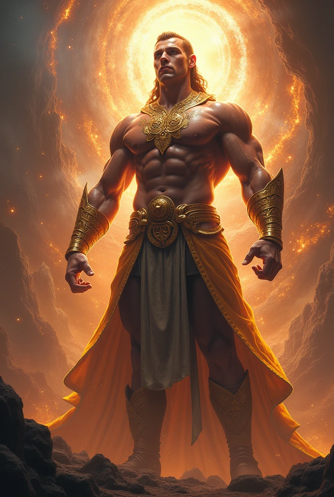 One man with golden warrior shield ,with good height and six pack body ,he has lord surya mark on his forehead ,he has golden earrings with his ears ,he is very very beautiful person with good height and great personality