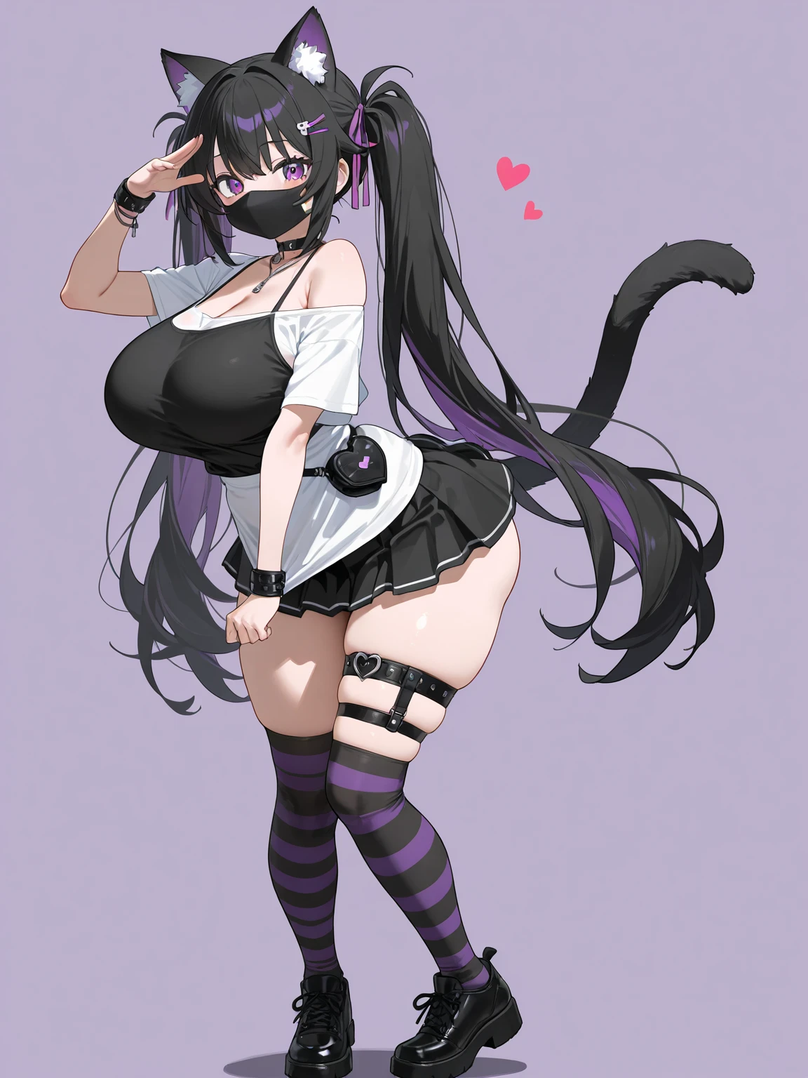 black hair, female, fox ears, twin drills, solo, smol, pink eyes, massive breasts, very long hair, wear open cut black tight tank top and pink leggings, masterpiece, ultra high quality