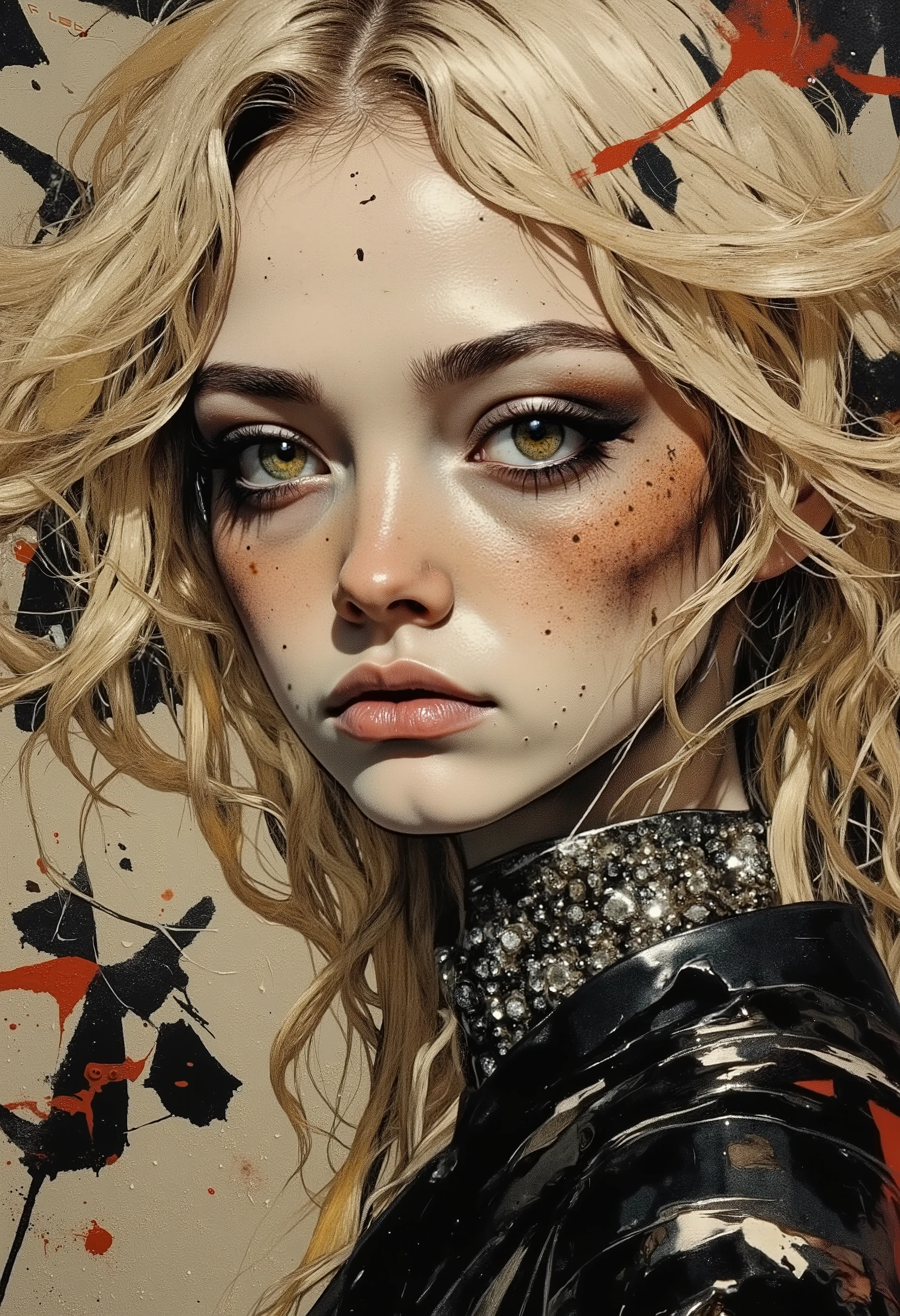 photo from side of a Woman with dark, smudged, dripping eye make-up, gothic like and some tiny freckles. she has blond wavy, somewhat messy hair and wears a collar with a silver base and diamonds. she looking at viewer. background suggest a Graffiti wall.
