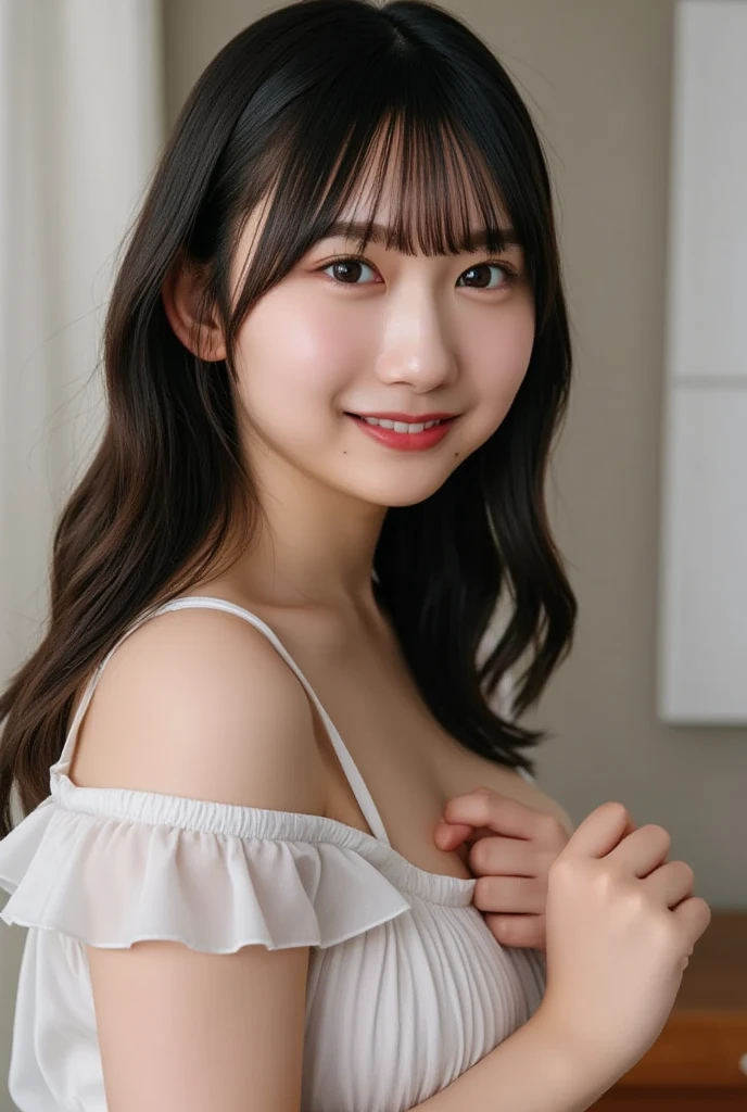 Highest quality,masterpiece,Ultra-high resolution,(reality:1.9),Original photo,
One person,Shadow,chest,whole body,Bangs between the eyes, Long Hair, Close your mouth,smile,Japanese,On the bed,Pink Swimsuit