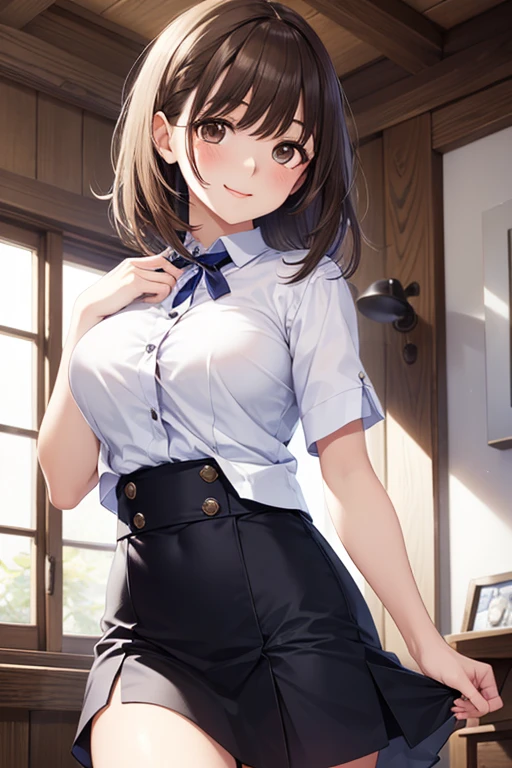 masterpiece, Highest quality, High resolution, One girl, alone, short hair, Brown Hair, Brown eyes, Bedroom、((pantyhose))、(Japanese school uniform)、((See-through bra))