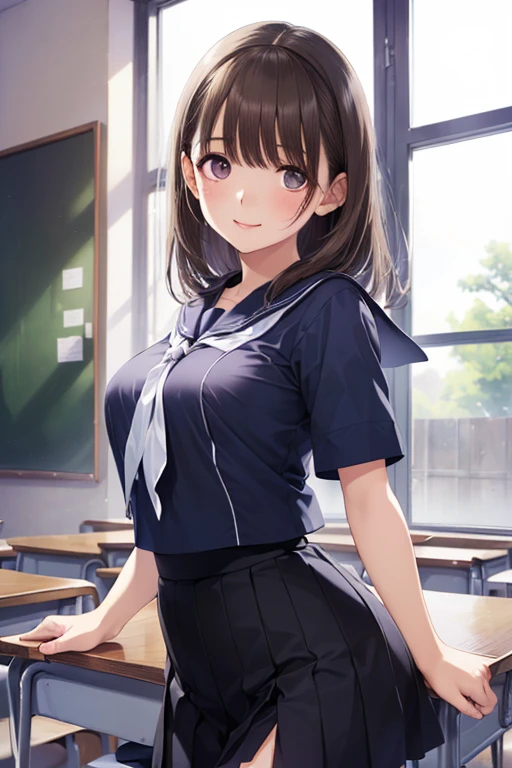 (masterpiece、highest quality)、Beautiful illustrations、Gazing at the viewer、Beautiful thighs、Front view、1 girl、high school girl、18-year-old、Shiny skin、(Random Hairstyles)、Big eyes、Long eyelashes、very tall、 Beautiful Hair、Beautiful Face、Beautiful Eyes、 Beautiful breasts、Beautiful thighs、Beautiful legs、Beautiful fingers、(((brown knit vest、Short sleeve white collar shirt、Navy Pleated Skirt)))、((Random color bow tie))、(In the classroom)、Are standing、((smile))、(((((Skirt lift with both hands、I can see her panties and black pantyhose)))))
