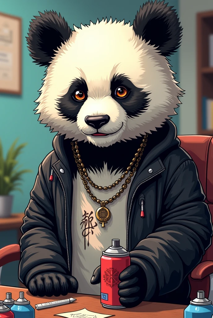 "A highly detailed close-up illustration of a buff, tattooed panda wearing a sleeveless leather vest, happily puffing on several cigarettes at once. The panda’s fur is adorned with intricate tattoos, and it has a fierce yet blissful expression. The background includes a dimly lit, smoky bar with a heavy metal aesthetic, where the air is thick with smoke."