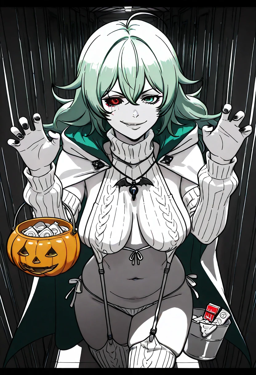 ggstduel, (meme50_(memeya)-style:1.4), (lun7732-style:1.2), ((anatomical correct)), (lineart:1.2), ((monochrome, greyscale, manga-style, spot colors)), comic, score_9, score_8_up, score_7_up, score_6_up, score_5_up, score_4_up, uncensored, detailed background, vignetting, high quality, absurdres, best quality, very aesthetic, newest, digital art, trending on ArtStation, perfect body, perfect eyes, perfect fingers, gasping, heavy breathing, gasping profusely, ((skindentation)), ((curvy)), eto-oa, long hair, green hair, green eyes, heterochromia, ghoul eye, medium breasts, sagging breasts, plump, 1girl, breasts, mature female, solo, navel, virgin destroyer sweater, necklace, standing, claw pose, holding bucket, halloween, looking at viewer, fangs, smirk, collarbone, condom, condom box, thighs, curvy, hallway, dim light, cape, black nails, 3d, cgi