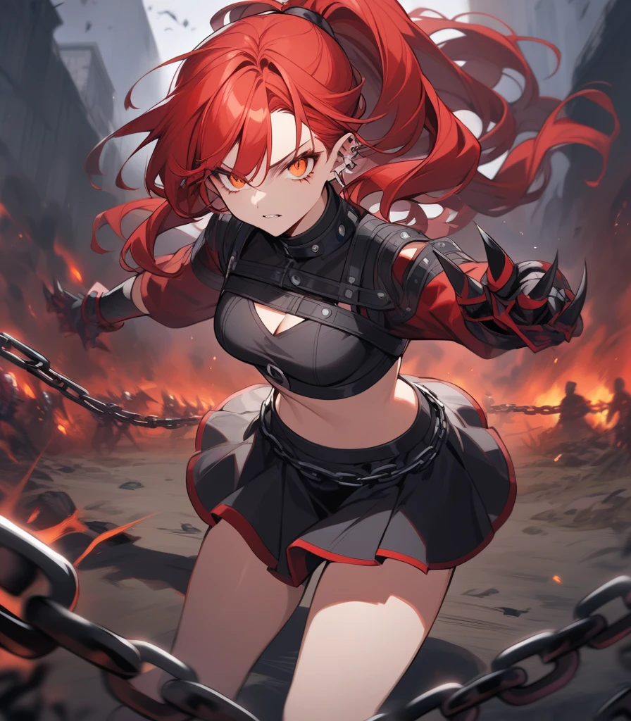 Highest quality、Highest quality、Masterpiece、girl((Age 25、as soon as、Highest Bust、Medium Bust、Wide open chest、Red glowing eyes、Black Ear、Red Mesh、Disheveled Hair、Loincloth、thin、The best valley、Open chest、Luminous Wristbands、hair ornaments、Full body view、Tank top、Black ninja costume、scar、Full body scar、Fighting Pose,Japanese sword、A little muscular、Blue aura、Watery eye、Tears))、high quality、Beautiful Art、background((night、Ninja World,volcano))、flight、Flying Debris、Depth of text、movie、Visual Arts、Perfect Art、8K、Genuine、