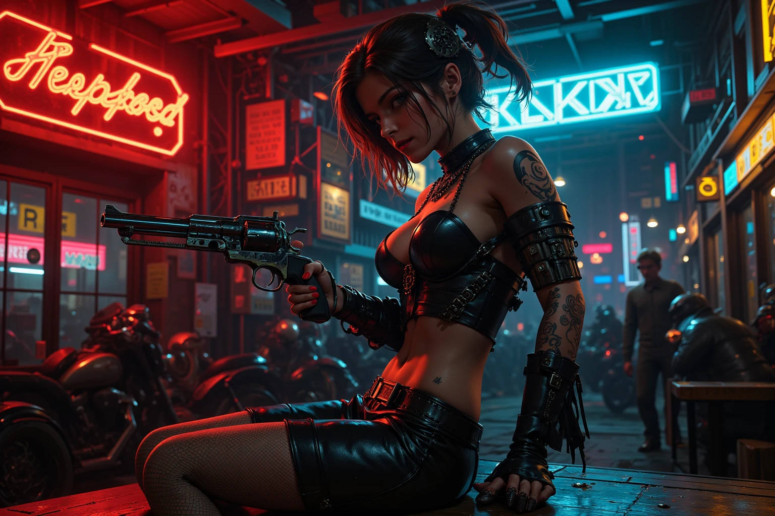Close-up, a beautiful French woman, tattered clothes, wild long hair, tattered clothes , cleaveage, action movie scene, Dystopian Dinner Cinematic Blade Runner, natta, busy with neon signs, blade runner aesthetics,  film cinematography, gangue trash, attractive person, High emphasis on detail, wearing weather technology equipment, gangue trash, full of life, gangue trash, action movie shot by Kon Satoshi, style semi impasto, dark ink, Atmospheric, Ablaze, lighting dramatic, Beautiful  eyes, symmetric eyes, perfects eyes. Matrix style, (((Matrix cascading code))), (((a futuristic twin tower skyscraper with a unique twisted design))), (((OLED GUI interfaces in the building))), at night, (((((1girl, solo))))), photo realistic, (((((((large-breast:1.1 slim body, cleavage:1.4))))))), (((((off broken mini sling-shirt and black sling bra, extreamly short pleated miniskirt exposing panty))))), (((((running pose))))), (((((((matrix style black micro sunglasses))))))), ((((((((((aiming with a short gun)))))))))), (((((looking at camera))))), (((very low view))), (((((half-body thigh level medium shot))))), (((cinematic lighting))).