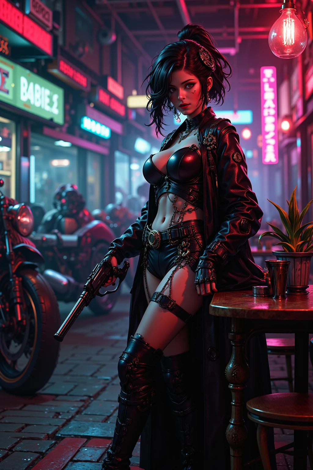 There's a sexzy indian 1woman with a steam-powered dusky skin, with big boobs,Royal look, arte conceitual street punk, sexzy full body view top to bottom, sitting in Batpod,fog background,arte street punk digital, arte street punk urban city area, Wojtek FUS, arte digital steampunk, detailed wild steampunk illustration, Portrait of a gold and copper chained woman, arte street punk, estilo de arte dieselpunk, cyberpunk street punk, estilo de fantasia street punk, Arte digital altamente detalhada em 4k, sci-fi street punk