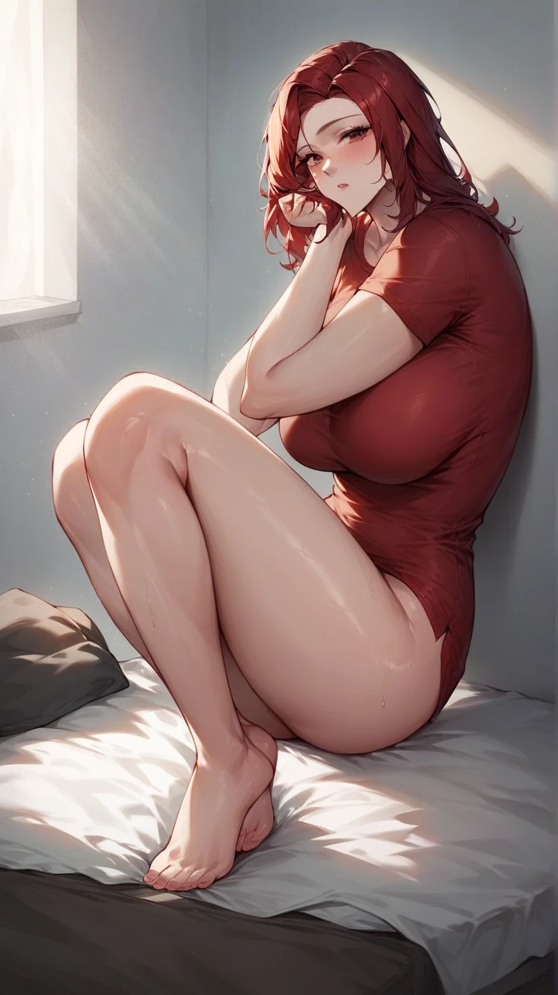 Dynamic poses, masterpiece, (sitting on the bed:1.5), natural lightning, colorfull, 8k, 2,5D, masterpiece, high quality, 8k, high resolution, high detailed, midriff, high quality, （very detailed cg unity 8k wallpaper），best quality, ultra - detailed，masterpiece，）, nsfw:1.2, choker:1.5, (big breast), (apartment), (nude),(full body shot), blush, redlip, smile, (pussy), night:1.3