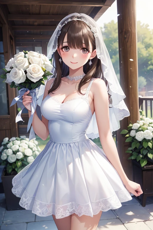 masterpiece, best quality, highres, aanene, short hair, <lora:anegasaki_nene_v1:0.7>, smile, open mouth, standing, cowboy shot, bridal veil, wedding dress, white dress, strapless, necklace, garden, confetti, (holding bouquet:1.2)