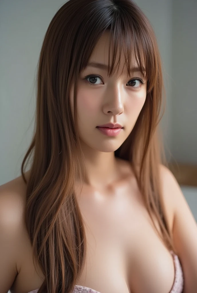 Beautiful woman、Japanese、naked、Stylish、Brown Hair、looking at the camera、Soft 、bed、Close-up