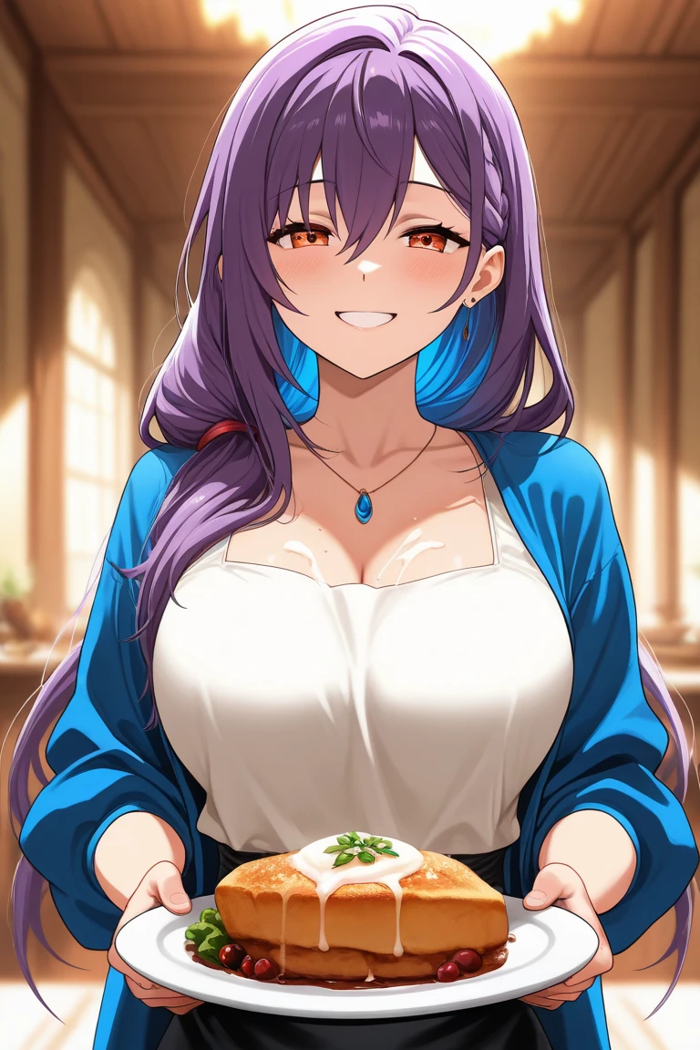 "A smiling woman facing the camera. She is wearing an outfit that reveals her cleavage, complemented by very deep blue-purple hair styled in flowing waves, adding depth and dimension. The hair shimmers under the light, highlighting its rich texture. The background features a cozy kitchen with various utensils and food items. In the foreground, there are two jars filled with vibrant pickles, with clear labels visible. The image includes contrasting text that says 'Packaged' to emphasize."
