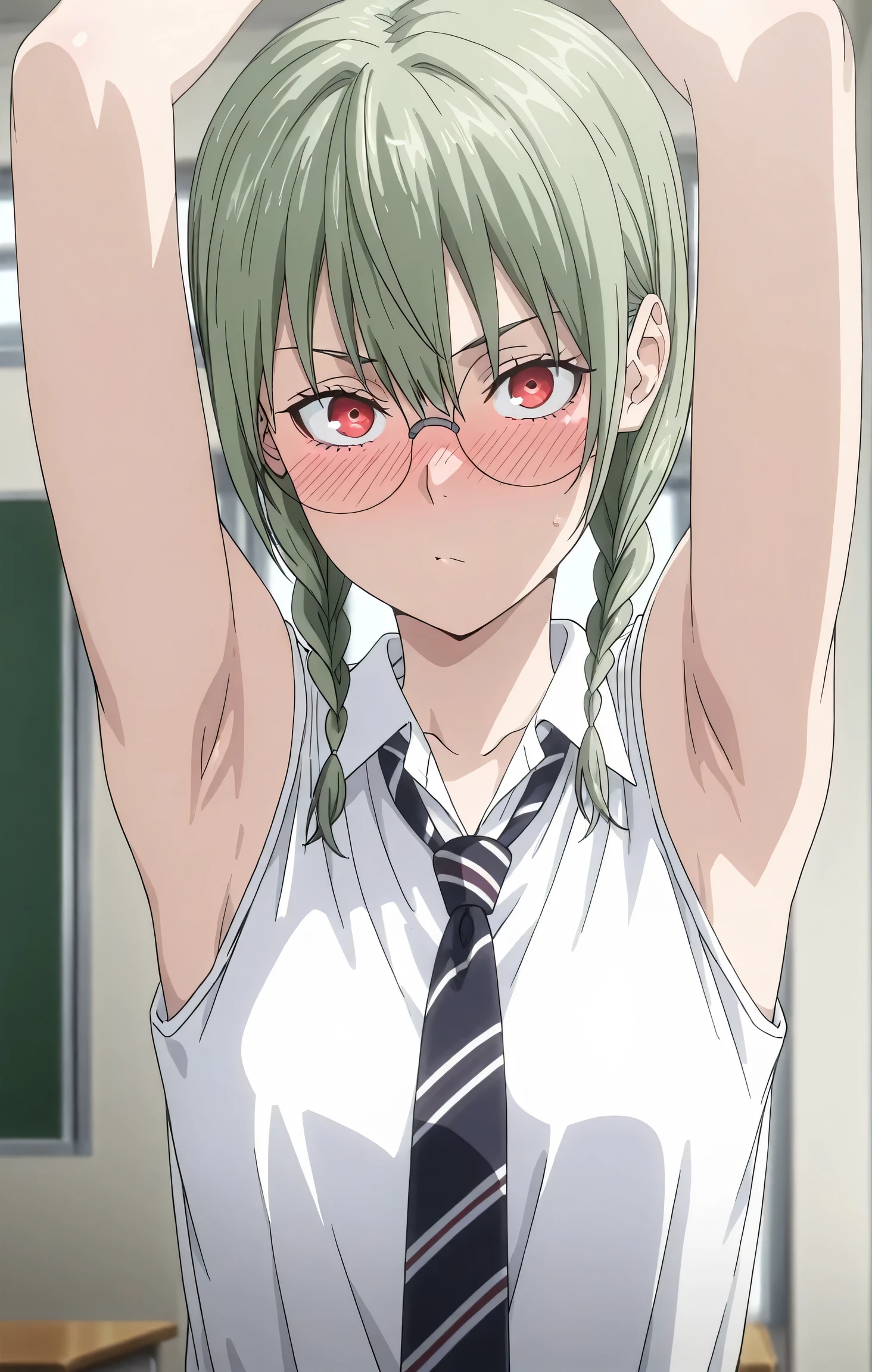 (masterpiece), best quality, expressive eyes, perfect face,  (((semi realistic)))hentai, (((doggystyle))), {maki} getting fucked from behind by a boy, ((((sex from behind)))) leggings under shorts, leggings, white shorts, long sleeves, purple jacket, side locks, brown eyes, green hair, {maki} exp, long hair, purple glasses, ponytail, bottomless, 