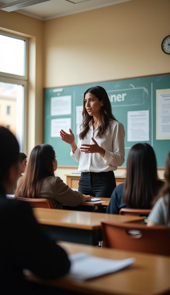 A middle-aged female professor is teaching a class in a modern university classroom. She is a brown haired woman, tied in a messy bun, with glasses and an engaging and attentive expression. She is standing in front of a whiteboard, with several written notes and diagrams, while students, of different ages and ethnicities, watch her with interest.
Details to Include:
enviroment:
Classroom with tables and chairs arranged in rows.
Whiteboard or projector displaying slides.
Books and academic materials on a table or bookshelf in the background.
Female teacher:
Wearing professional clothes, like a blouse and skirt or pants, with a formal but comfortable style.
Wearing glasses and perhaps holding a marker or pen.
pupils:
Diversity in the group: Different ages, ethnicities and clothing styles.
Some students may be taking notes, while others pay attention or raise their hands to ask questions.
interaction:
The teacher is engaged with the students, perhaps asking a question or explaining a concept.
Students are engaged in the class, showing interest and participation.