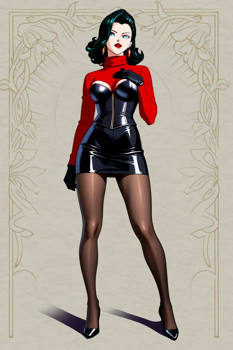 Detailed image, detailed face, anime style, woman about 40, arrogant look, Beautiful athletic body, light orange wavy hair pulled back into a combat hairstyle, luxurious hairstyle, in black leather x shape bra with a dark orange pattern without sleeves, in black leather undies with a dark orange pattern, in black long leather gloves with a dark orange pattern, in black leather thigh-high boots with a dark orange pattern, wearing a black mask with dark orange patterns covering the lower part of the face, stands alone in the castle room, looks at the viewer, Mortal Kombat
