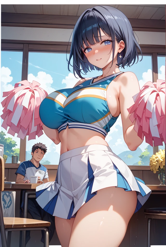 (Perfect body),Best Quality,16 K,(((((Lori)))))、(NSFW)、(((((Brown skin))))),blush、(:D)、One eye is closed、(V-shaped eyebrows)、embarrassed from,(((Short hair))), (((Orange Eyes))),((((Pink hair)))),(Sweat),((((Wavy Hair)))),Ahoge,Light green hair clip,(white knee-socks),((Big ass)),(Yellow camisole)、(Pink ruffled mini skirt)、((cheerleaders))、((Light blue striped panties))、(((((Big breasts)))))、(((thick thighs)))、((Pom-poms in both hands))、Armpits、(((short in stature)))、((((posterior view))))、(in poolside)