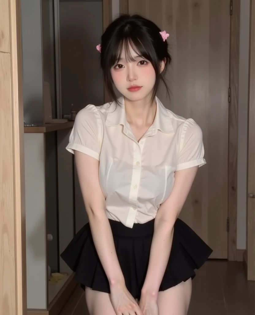 12 year old girl、、NSFW、Super detailed、High resolution、transcendental beauty　Highest quality、masterpiece、knee socks、Majimix Real、(RAW photo:1.2)、(Photoreal:1.4)、Beauty in the beautiful details、and delicate expression、In a private toilet at a Japanese school、blonde、ribbon in hair、short ponytail hair、((you can see me))(squat)、earrings、eyelash、sparkling eyes、glossy lips、beautiful and detailed eyes、(Japanese high school girl ))、very detailed expression、Highly detailed face movie lighting、positive、((dynamic pose)))、(open stance))、(hold the side of the skirt with your hand:1.8)、(lift the skirt from bottom to top:1.5), pleated skirt、blazer、sexy upper eyes, (Accurately represents the shape of the female genitals:1.5), (Detailed depiction of the labia minora, vaginal opening, Detailed depiction of the clitoris:1.5), (spread your legs wide:1.5), (Sit on the toilet bowl:1.5)、small breasts、angle from below