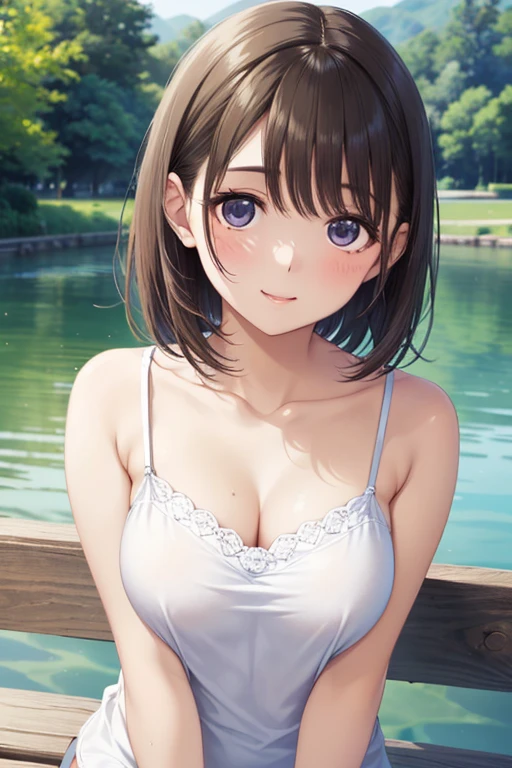 ((Biologically correct limb count))、((whole body including face))、4K、Masterpiece、((Focus on the face))、((Symmetrical, well-proportioned facial features))、Eyes with delicate depictions、(((1 person)))、Beautiful woman、Outstanding style、Slender Body、((Lingerie、(Latex stockings、High heels)))、(Embarrassed look）、(Close-up photo of the upper body）、High angle、Photo with white border、Standing on the surface of a misty lake、Her bra shifted and her boobs were visible