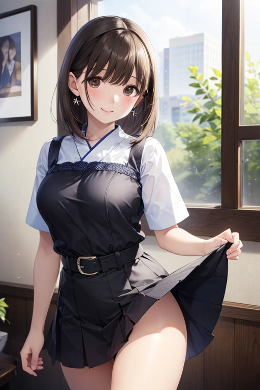 highest quality,masterpiece,Shigure, Shigure, Ahoge, brown hair, blue eyes, Braid, black underwear,Lift the skirt with both hands,