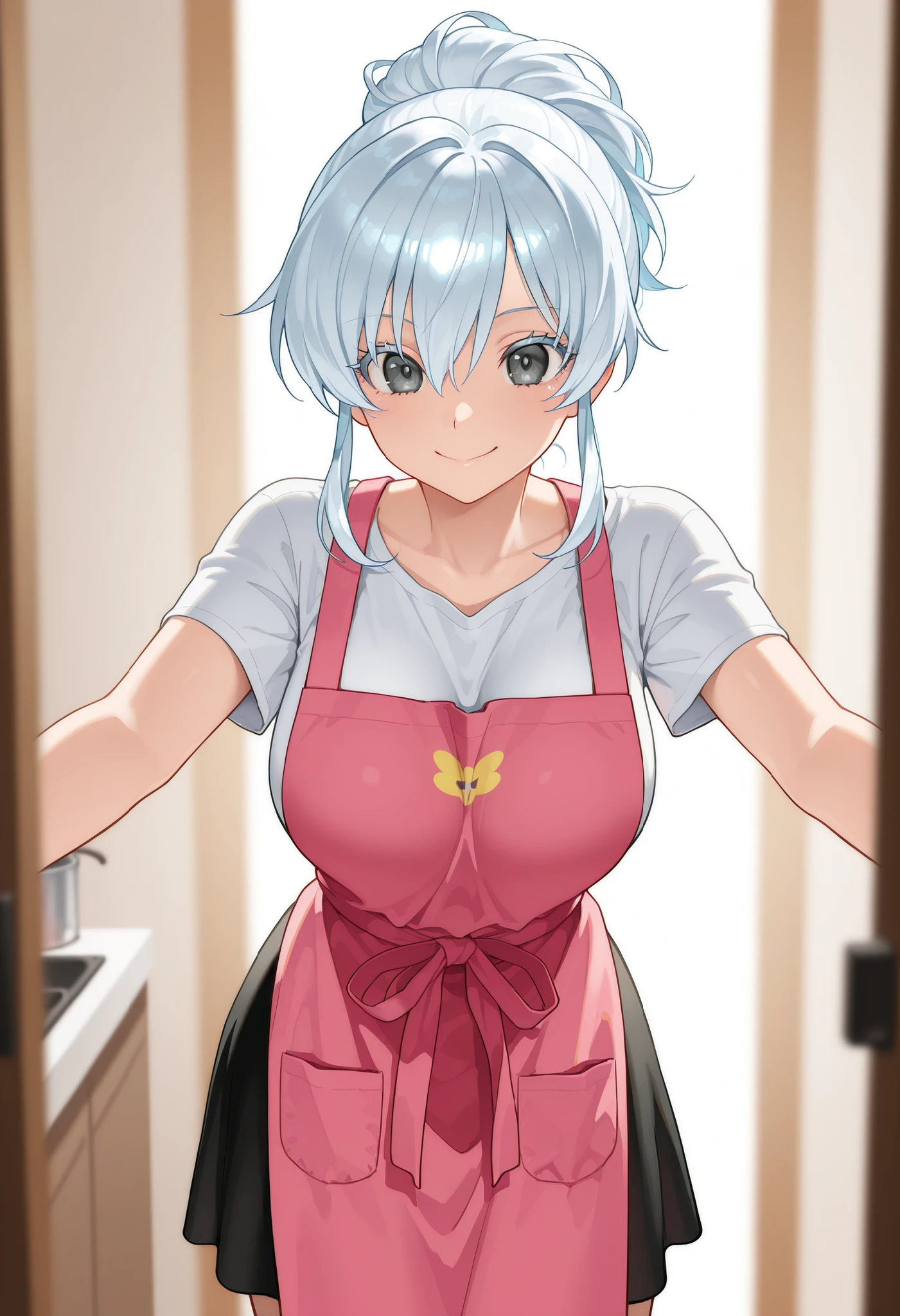 masterpiece, best quality, amazing quality, very aesthetic, high resolution, ultra-detailed, absurdres, newest, scenery, BREAK, depth of field, volumetric lighting, (masterpiece, best quality, absurdres, detailed,perfect quality, amazing quality, very aesthetic, absurdres, newest, ultra-detailed:1.2), extremely detailed, modern, very awa, crisp, sharp, beautiful eyes, fine textures, clean skin, 1girl, 18yo, cowboy shot, BREAK a japanese cute sexy girl with silvery white hair in an intricate asymmetrical updo. The back of her hair is short and bunched high with the ends fanning out. The left side of her hair frames her face with long, loose strands, while the right side of her hair is loosely swept back over her ears and bunched together with the back hair, creating a slightly unbalanced but elegant look. A high, luxurious hair accessory on top adds a unique and fashionable touch to the hairstyle. Her hair catches the light and gives off a shiny, metallic shine. BREAK ((glossy silver eyes:1.5)), (cute eyes, tareme, twinkle eyes), (large breasts), cute face, beautiful face, pretty face, beautiful, good anatomy, long eyelashes, expressive eyes, Perfect Hands, happy, smile, glossy lips, (close mouth:1.2), perfecteyes, BREAK 1girl, ((black skirt, white shirts:1.5), ((pink apron wearing over the shirts and skirt)), close mouth, Cheer, smile, happy, (beautiful standing pose:1.5), BREAK 1girl, morning, daylight, sunshine, (She's cooking hot soup with pot :1.5), good smile. BREAK soft lighting, (masterpiece, best quality), (cute, 8K, perfect lighting, perfect anatomy), absurdres, (best quality), (ultra-detailed:1.2), high res, very aesthetic, ultra-detailed, cinematic, masterpiece, best quality, sharp outline, detailed eyes, high gradient eyes, high definition eyes