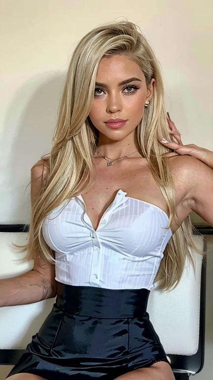 A 23-year-old blonde woman, ((pechos grandes)), ((hiperrealismo)) ,. blonde hair with light brown roots. cabello rubio, Hair with brown roots, cabello extra largo, cabello muy largo, really long hair, Beautiful, Front view, selfie, photo taken with iPhone, elegant black shirt with escote, escotada, selfie in a car with red interior , high quality, selfie iPhone 15 , cleavage , big tits not shown , sweet , short