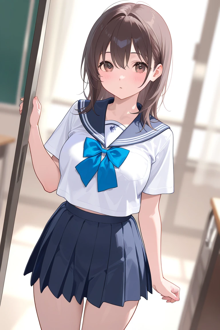 (top-quality、8K、32K、masterpiece、nffsw、超A high resolution、Impresionismo、Photorealsitic:1.2)、Colossal tits、cowboy shot, detailed faces and eyes、 Inside the classroom、Schools、Evening glow、beauitful face、blurry backround、16-year-old beautiful girl、shinny skin、half updo、beautiful brown hair、Blunt bangs、Brown eyes、(I closed one eye、put index finger on mouth:1.2)、a sailor suit、Pleated miniskirt、Curve、(Lifting skirt、I can see panties:1.2)、thighs thighs thighs thighs、(Navel Ejection:0.4)、dynamicposes