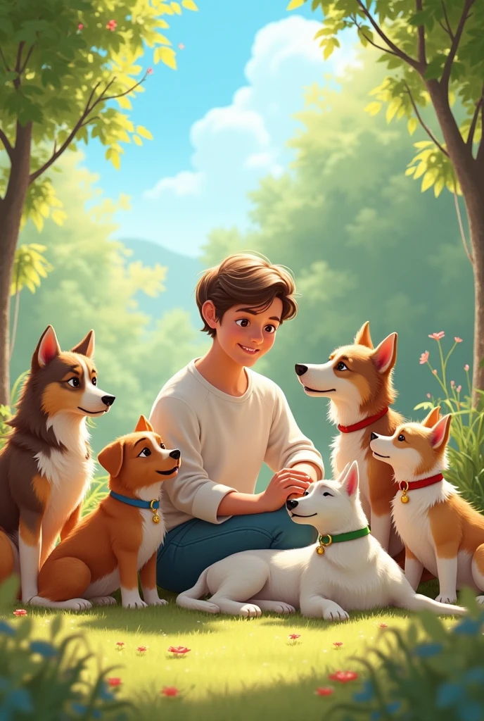 Little boy making stop sign showing palm to sitting puppy, (masterpiece: 1.3), (best_quality: 1.3), (ultra_detailed: 1.5), 8k, extremamente_claro, realism, (ultrarealistic: 1.5)