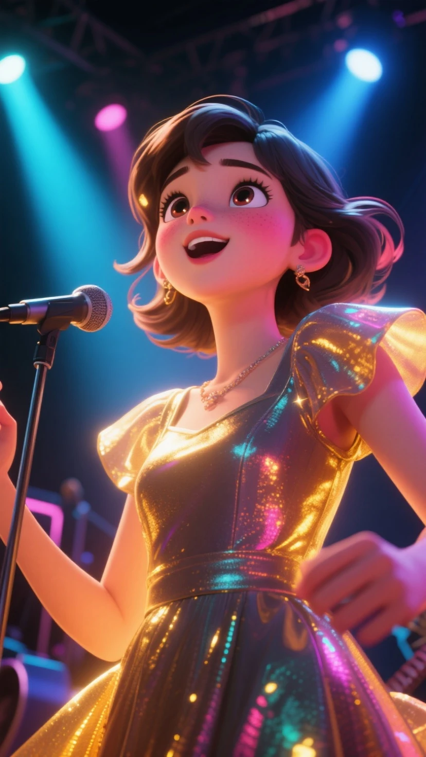 Disney Pixar style poster of a 35-year-old Peruvian salsa singer with white skin and a long forehead, vestido de tiras y corto con brillos y de moda, aretes colgante de tela , cabello ondulado negro peinado bohemia como protagonista cantando en un concierto de noche