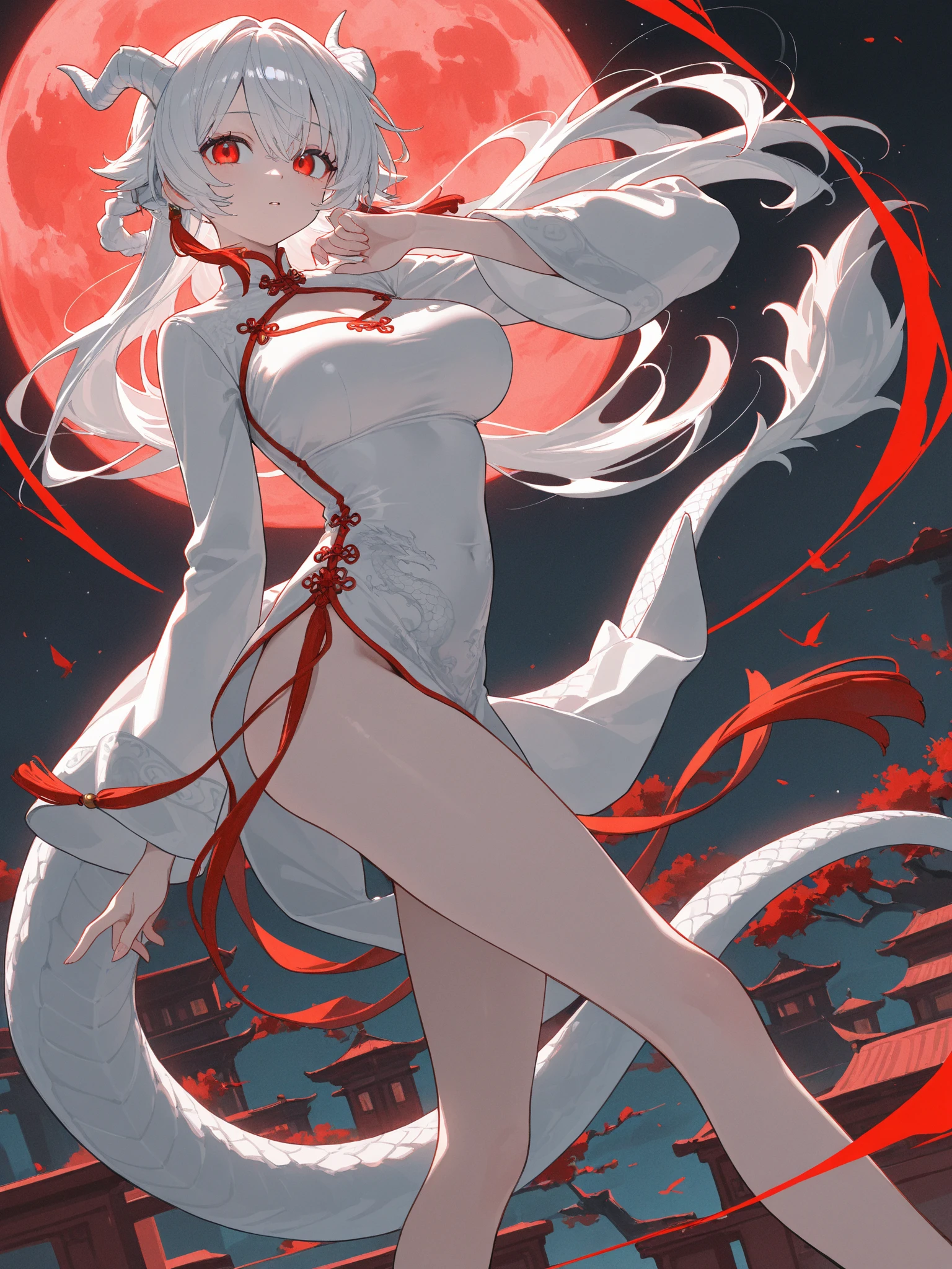 (top-quality、hight resolution、8k、​masterpiece:1.2)。Curvaceous but slender、Muchimuchi Body、The whole area is filled with Red Spider Lily、Red spider lily in bloom、A woman sits in the middle of a red spider lily in full bloom。With a mysterious look、Kimono and double teeth are characteristic.。Wearing a kimono splattered with blood、I'm holding some kind of murder weapon in my hand.。The crazy expression and the gap between her and the Red Spider Lily further enhance her beauty。Half-taken kimono、accessorized、mole、Eyebrows、double tooth、canine teeth、poneyTail、Muscular nose、Clear detailed green eyes、red blush、a choker、Fleshy lips、Physical beauty、well-muscled、Mysterious fashion、Anime style、animesque、unreal、Fashion based on red and white、Backgrounds with depth、The background is 10,000 Red Spider Lilies spread all over the area、a necklace、Bracelets、Misanga、arm band、Light and Wall Co-star、A small black cat clinging to his shoulder、Original face、(dark themed:1.3)、Dark Fantasy、Distant angle、portlate