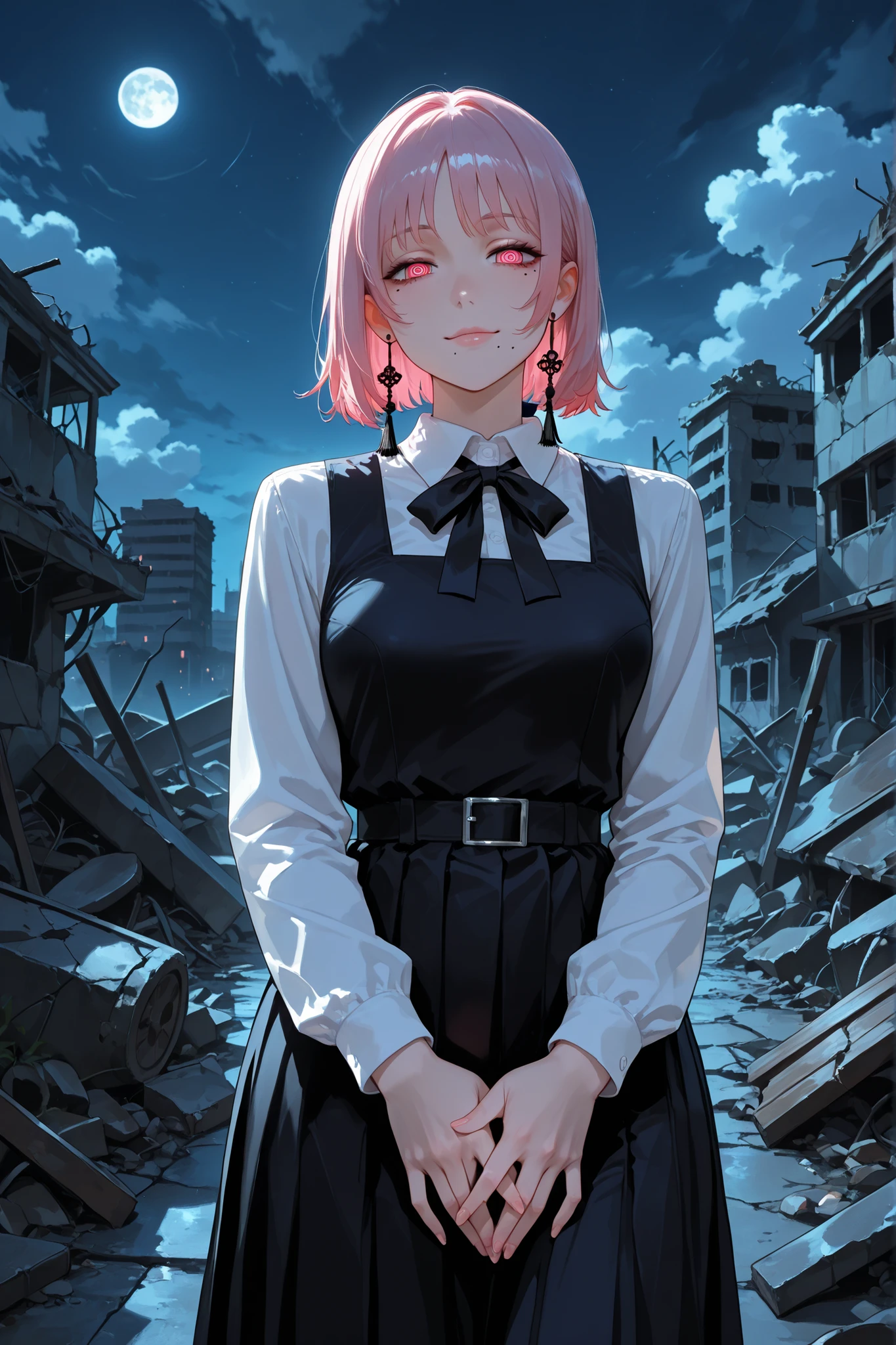 1girl, fami, multiple moles, mole under eye, mole under mouth, pink hair, pink eyes, ringed eyes, school uniform, black dress, pinafore dress, long dress, white shirt, black ribbon, neck ribbon, long sleeves, tassel earrings, standing, outdoors, ruins, night, moon, clouds, ironic smile, attractive, sexy, pretty, perfect hands, seductive, looking at viewer, five fingers on her hands, masterpiece, ultra-detailed, very aesthetic