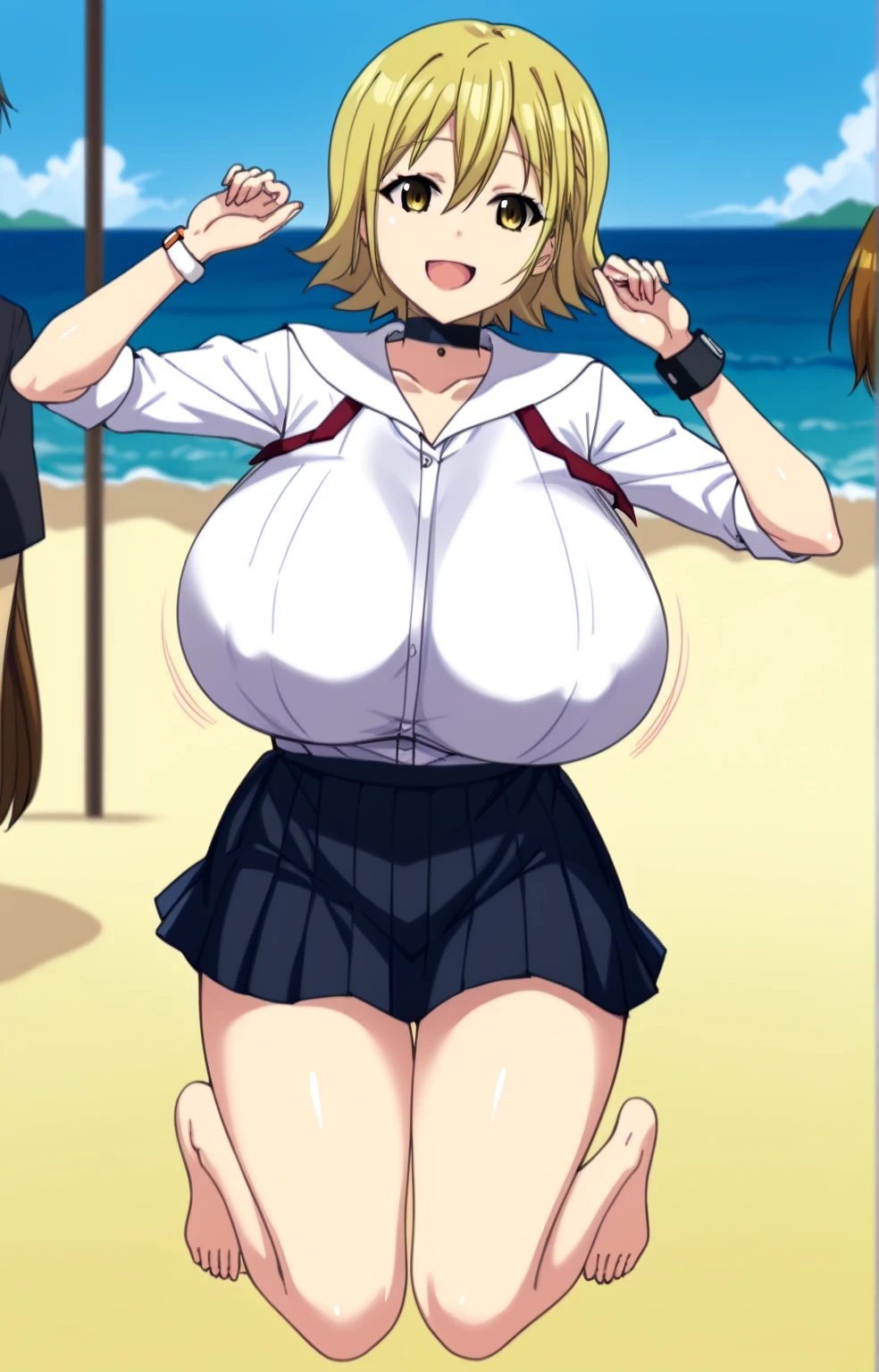 masterpiece, best quality, ultra high res, ultra-detailed, outside in a palm beach, day, beautiful ocean landscape, 1 girl, toa, slut, (red hair: 1.3), (red eyes: 1.3), hairy pubic hair, (gigantic tits and giant cleavage: 1.6), (she is dressed like a huge whore with a very short skirt and tshowing her breats: 1.5), sweating, (toa is standing with her legs spread while playing with her huge tits while looking at the viewer with a lustful slut ahegao expression and hard moaning in a sensual and suggestive way with open mouth and her tongue out from an orgasm: 1.6)