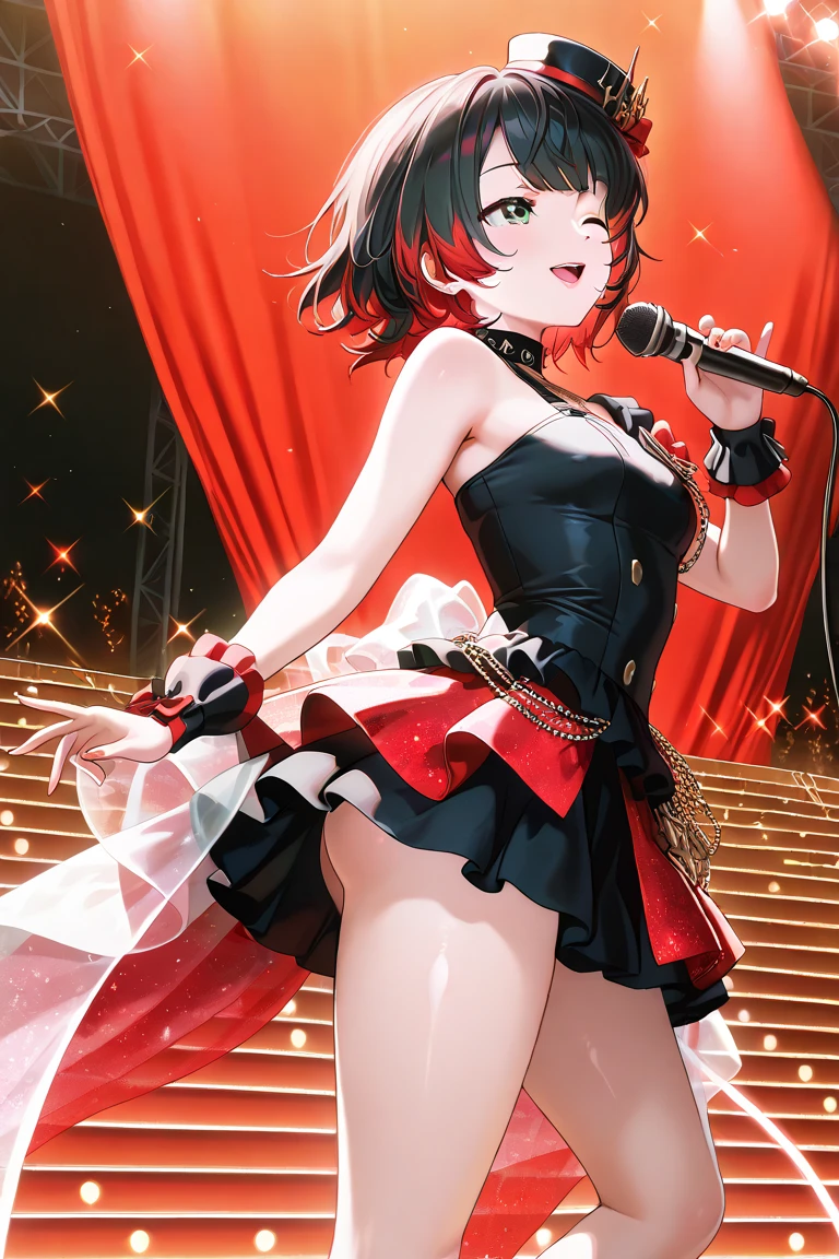 idol, 1girl, ((mature)), big breasts, adult woman, masterpiece, absurd, delicate colors, illustration, bright colors, beautiful, red eye, red hair, ((hair over right eye)), ta dress, short hair, smile, singing at a concert