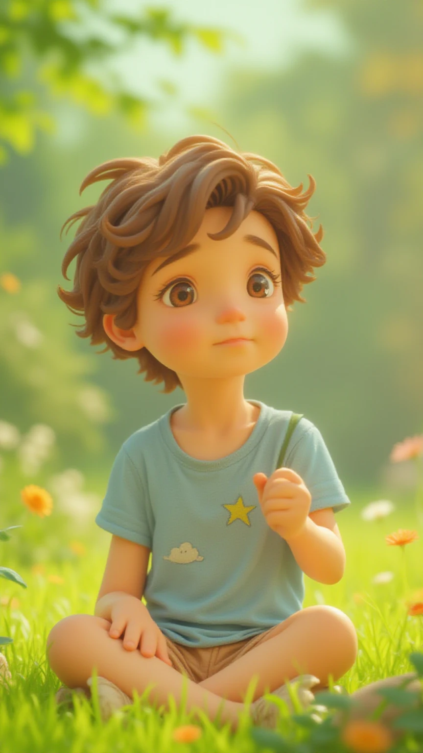 Lucas is an boy, with light brown hair, short and slightly wavy, that seems a bit messy due to the gentle wind around him. His eyes are big and expressive, dark brown shoes, with a curious and thoughtful glow. He has a skin Clara and a facial expression that conveys a mix of innocence and wisdom beyond your age, as if he were in a moment of great reflection.
Lucas is wearing a simple light blue t-shirt, with a drawing of a star and clouds in front, representing his imagination and curiosity. he wears lightweight fabric shorts , de cor bege, and comfortable and simple sneakers, suitable for playing and exploring nature. in one of her hands, he holds a small branch of a tree, and with the other hand he gestures lightly while speaking.
His face conveys a mixture of curiosity and sincerity, as if he were asking a profound question, with his lips slightly curved downwards and his eyebrows slightly arched. is sitting on the lawn of a tranquil garden, with colorful flowers and trees in the background, with his body facing the sky, as if he were talking to something or someone invisible, seeking answers to his sincere doubts. O The scenery around him is illuminated by a soft light, with the afternoon sun creating a welcoming and serene atmosphere.