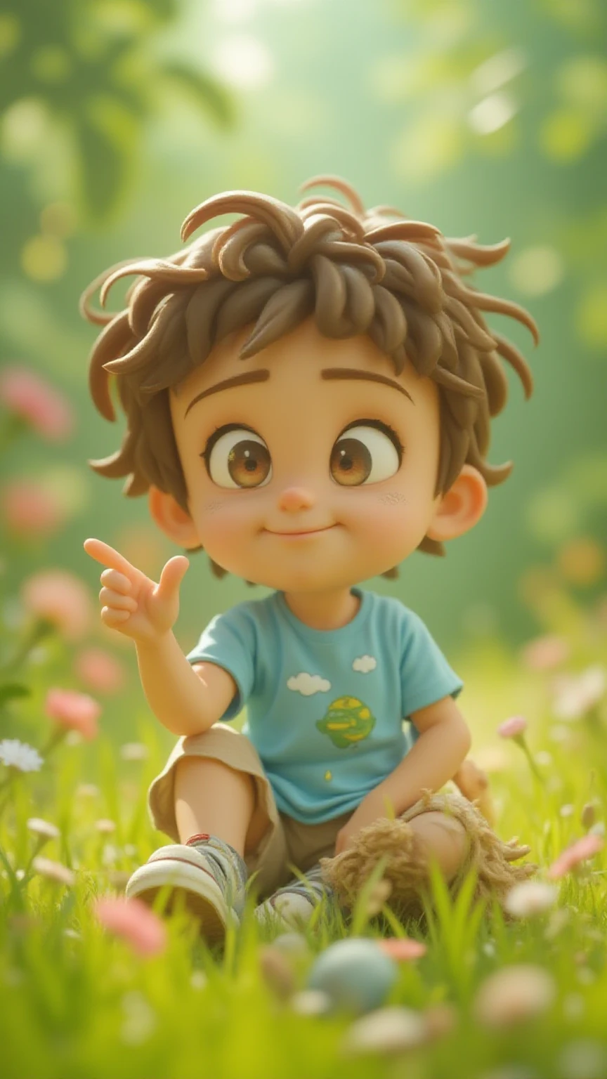 Lucas is an  boy, with light brown hair, short and slightly wavy, that seems a bit messy due to the gentle wind around him. His eyes are big and expressive,  dark brown shoes, with a curious and thoughtful glow. He has a skin Clara and a facial expression that conveys a mix of innocence and wisdom beyond your age, as if he were in a moment of great reflection.

Lucas is wearing a simple light blue t-shirt, with a drawing of a star and clouds in front, representing his imagination and curiosity.  he wears lightweight fabric shorts , de cor bege, and comfortable and simple sneakers, suitable for playing and exploring nature. in one of her hands, he holds a small branch of a tree, and with the other hand he gestures lightly while speaking.

His face conveys a mixture of curiosity and sincerity, as if he were asking a profound question, with his lips slightly curved downwards and his eyebrows slightly arched. is sitting on the lawn of a tranquil garden, with colorful flowers and trees in the background, with his body facing the sky, as if he were talking to something or someone invisible, seeking answers to his sincere doubts. O The scenery around him is illuminated by a soft light, with the afternoon sun creating a welcoming and serene atmosphere.