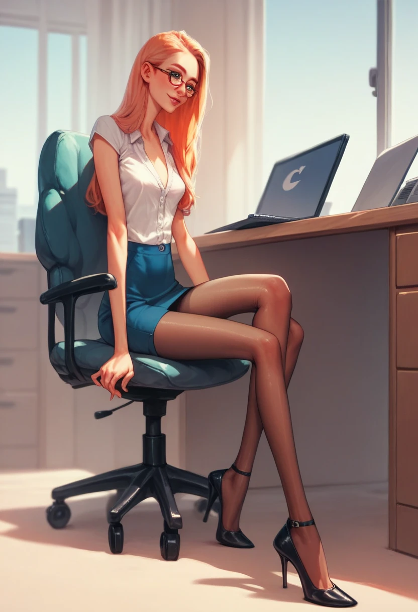 Skinny Skinny Goddess. anorexia. Thin very very very thin bony legs, unrealistically long legs in tights with heels. sits in the office. Highest quality