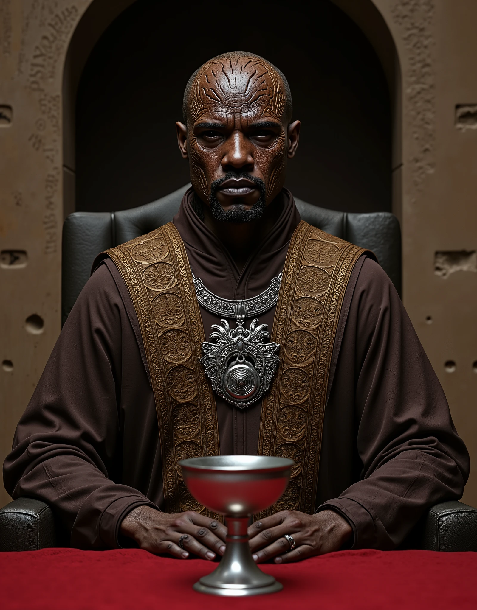 close up portrait of a black skinned african bald man with a goatee, seated in what appears to be a throne-like chair within a stone structure. He has a serious expression and is looking slightly off to his right. His eyes were completely black, with no visible iris or pupil. He is wearing a dark linen robe medieval over a lighter-colored brown cotton garment with ornate gold detailing around the shoulders and chest. A prominent silver necklace with a circular pendant hangs around his neck. In front of him, resting on what looks like a red cushion or draped fabric, is a metallic goblet or chalice. The background features stone walls with some indistinct markings or carvings. The overall lighting suggests a somewhat dramatic or formal setting.
half of his face has a skin that looks as if it were carved from ancient wood, rough and textured like the bark of an old oak