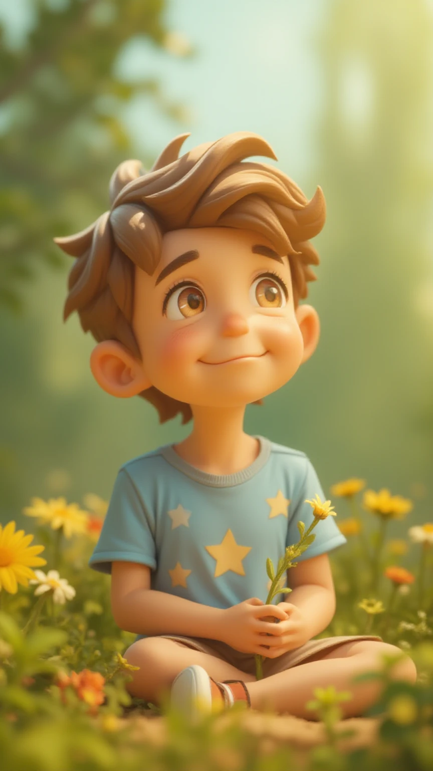 Lucas is an boy, with light brown hair, curto e ondulado, and big brown eyes, expressing curiosity and reflection. He wears a light blue t-shirt with a star design, beige shorts and simple sneakers. sitting in a tranquil garden , surrounded by flowers and trees , Lucas looks up at the sky with a thoughtful and sincere expression, holding a small branch. The soft light of the afternoon sun illuminates his face, creating a serene and welcoming atmosphere.