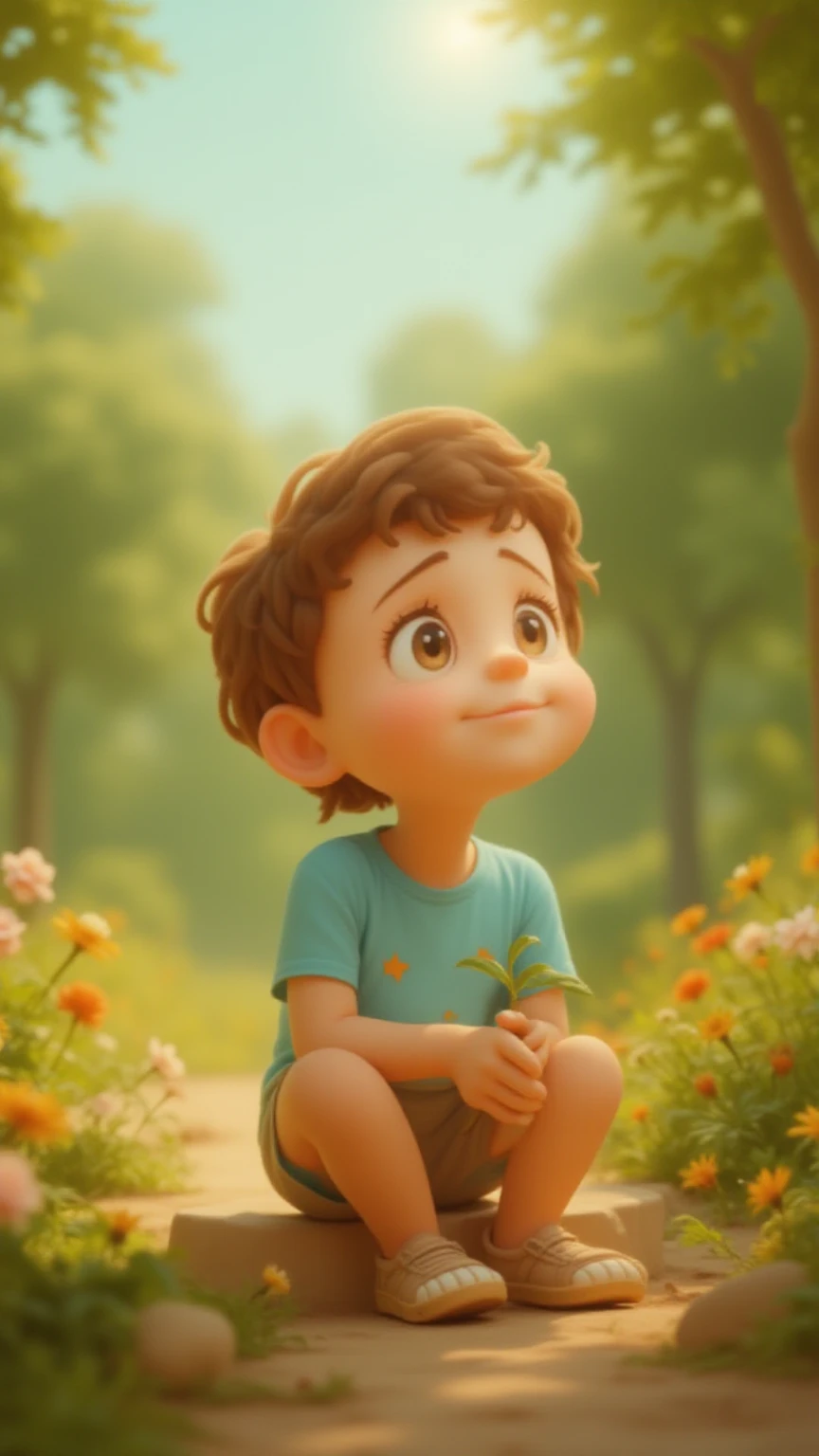 Lucas is an boy, with light brown hair, curto e ondulado, and big brown eyes, expressing curiosity and reflection. He wears a light blue t-shirt with a star design, beige shorts and simple sneakers. sitting in a tranquil garden , surrounded by flowers and trees , Lucas looks up at the sky with a thoughtful and sincere expression, holding a small branch. The soft light of the afternoon sun illuminates his face, creating a serene and welcoming atmosphere.