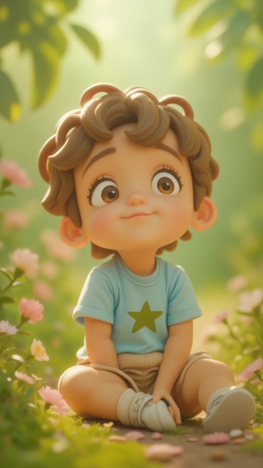 Lucas is an boy, with light brown hair, curto e ondulado, and big brown eyes, expressing curiosity and reflection. He wears a light blue t-shirt with a star design, beige shorts and simple sneakers. sitting in a tranquil garden , surrounded by flowers and trees , Lucas looks up at the sky with a thoughtful and sincere expression, holding a small branch. The soft light of the afternoon sun illuminates his face, creating a serene and welcoming atmosphere.