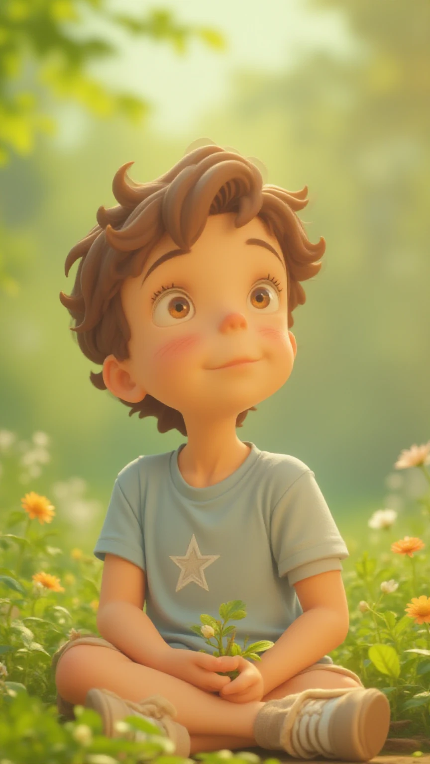 Lucas is an boy, with light brown hair, curto e ondulado, and big brown eyes, expressing curiosity and reflection. He wears a light blue t-shirt with a star design, beige shorts and simple sneakers. sitting in a tranquil garden , surrounded by flowers and trees , Lucas looks up at the sky with a thoughtful and sincere expression, holding a small branch. The soft light of the afternoon sun illuminates his face, creating a serene and welcoming atmosphere.
