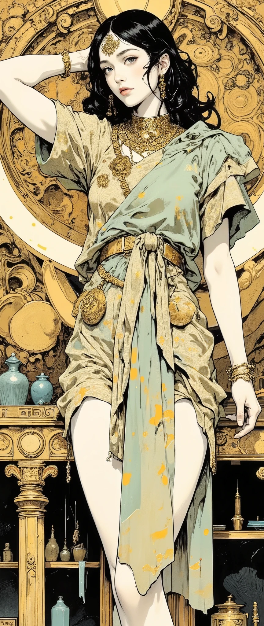 female,full body,heels,author:Works by Alphonse Mucha