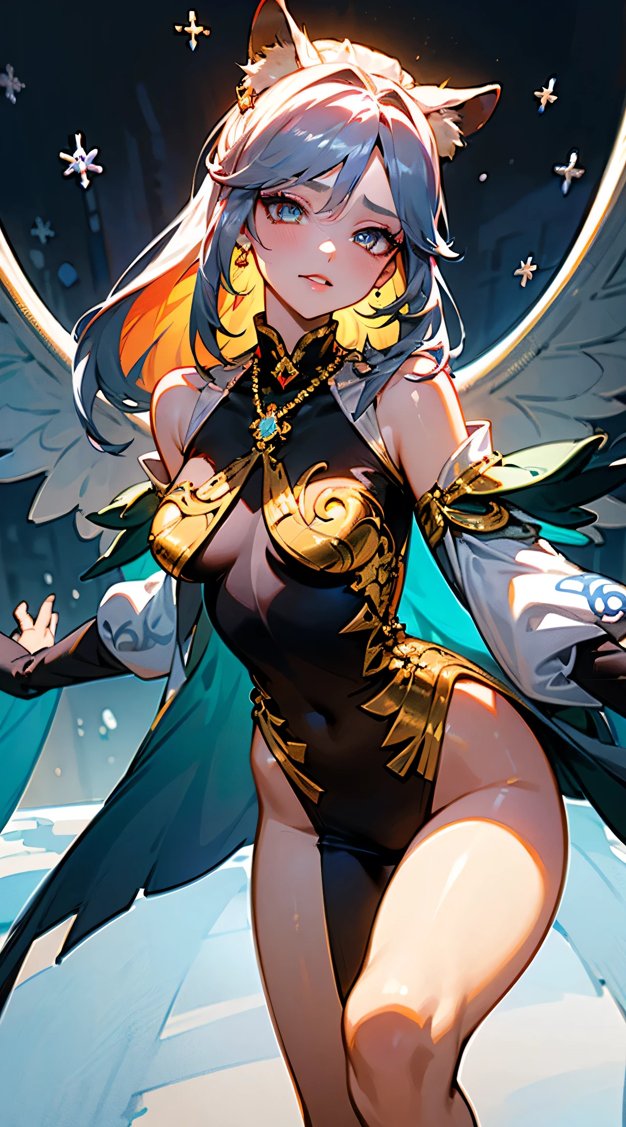 taokaka,,huge breast, , female,fantasy goddess,there is a cartoon picture of a woman with a very large breast, glowing angelic being, glowing holy aura, inspired by Luma Rouge, the non-binary deity of spring, ethereal rainbow nimbus, the butterfly goddess of fire, inspired by Marie Angel, glowing aura around her, astral fairy, as the goddess of the sun, “uwu the prismatic person, big breast, happy, beautiful eyes, , full body, walking, long robe, long dre, catgirlss,, priestess ,holy, smile, long dress, brown hair, female,red eyes, black robe with stars symbolism, full body, flipflops,(best quality,4k,8k,highres,masterpiece:1.2),ultra-detailed,(:1.37),black robe with blue stars simbolism, girl with queen crown,beautiful detailed eyes,beautiful detailed lips,extremely detailed eyes and face,longeyelashes,golden crown adorned with diamonds,glowing blue stars on the robe,glittering pearls entwined in hair,royal purple backdrop,sparkling tiara,rich textures and fabrics,regal posture,confident expression,majestic aura,ethereal lighting,hauntingly beautiful atmosphere,elegant and magical,enchanted garden in the background,floating golden particles,subtle reflections on the crown,sublime tranquility,depth and mystery,sophisticated and regal,impeccable attention to detail,captivating and enchanting,ethereal and divine,fantasy-inspired artwork,dreamlike and surreal,celestial beauty and elegance,dark and mysterious,royal and majestic vibes,meticulous craftsmanship,vivid colors,whimsical and otherworldly., pants,sharpteeth ,black hair, cat ears, full body, smile, darkskinned-female, black hair, pants, caucasiene facial features, dark hair, body suit, pantyhose,