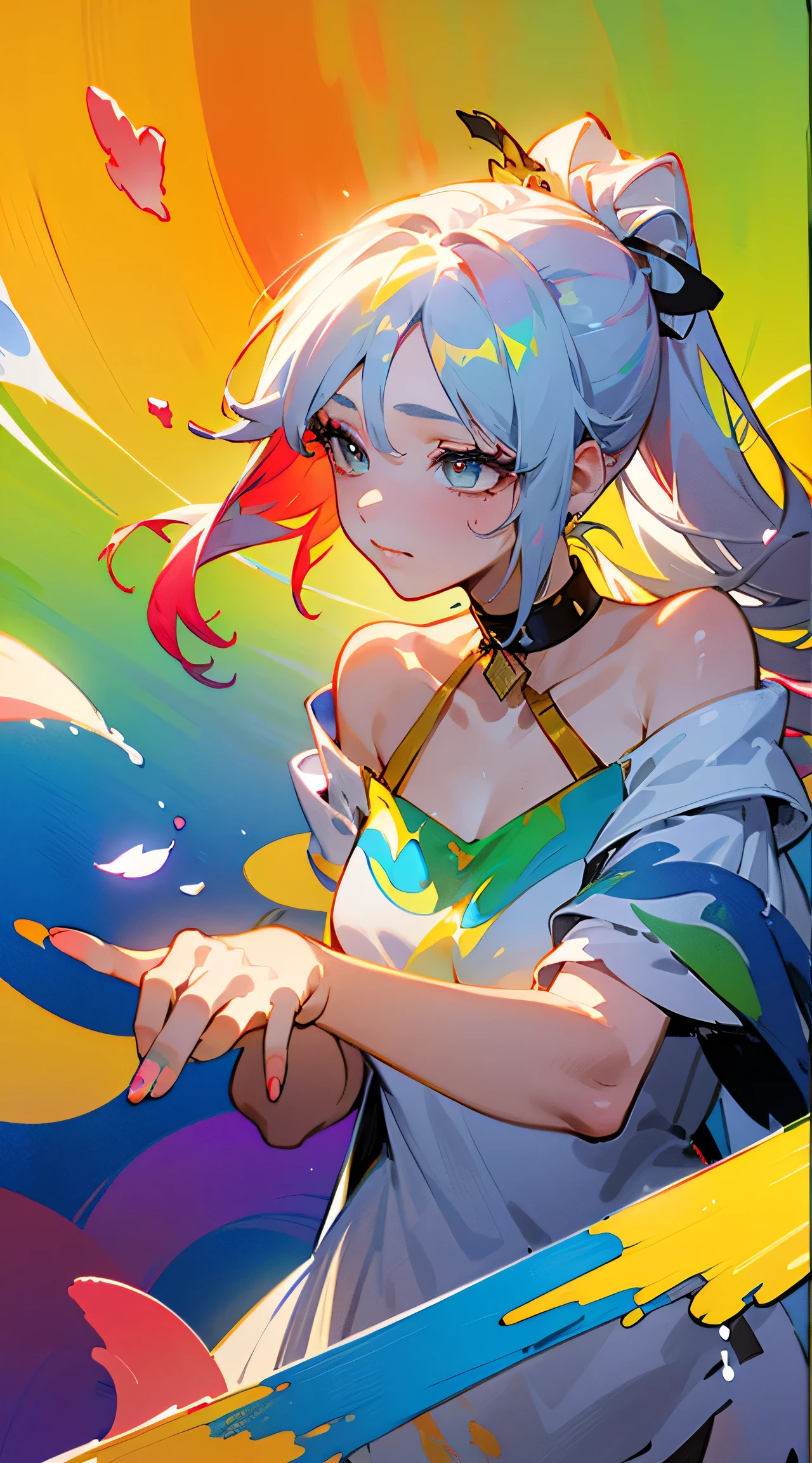 Paint rain, thick Paint rainbow hair, open mouth, closed eyes, breasts covered with paint, ((sfw)), calm facial expression, relaxed, gentle smile, paint instead of clothes, front view, sfw, small breasts, relaxed face, relaxed shoulders, dynamic pose, liquid details, black background, no background, no frame, perfect breasts