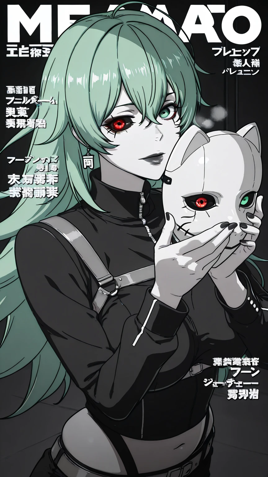 ggstduel, (meme50_(memeya)-style:1.4), (lun7732-style:1.2), ((anatomical correct)), (lineart:1.2), ((monochrome, greyscale, manga-style, spot colors)), comic, score_9, score_8_up, score_7_up, score_6_up, score_5_up, score_4_up, uncensored, detailed background, vignetting, high quality, absurdres, best quality, very aesthetic, newest, digital art, trending on ArtStation, perfect body, perfect eyes, perfect fingers, gasping, heavy breathing, gasping profusely, ((skindentation)), ((curvy)), eto-oa, long hair, green hair, green eyes, heterochromia, ghoul eye, medium breasts, sagging breasts, plump, magazine_cover, mask, holding_mask, solo, mask_removed, jewelry, black_nails, earrings, holding, looking_at_viewer, cover, black_lips, long_sleeves, nail_polish, makeup