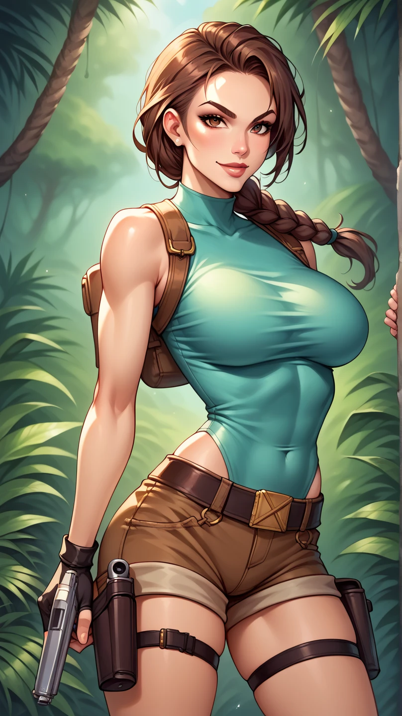 mixed_artwork style, cleavage, sweaty, 1 girl, standing alone, hands, beautiful woman, (best quality, 4K, master part:1.3), beautiful woman, hyper-realistic, 1 girl, (attractive body:1.2), Abdomen:1.1, wet body:1.2), (same, ultra detailed face, Detailed lips, detailed eyes, Double eyelid, hanging breasts, visible curves, Sensual, model pose, Lara Croft outfit, forest, dirty, foliage, confrontation,