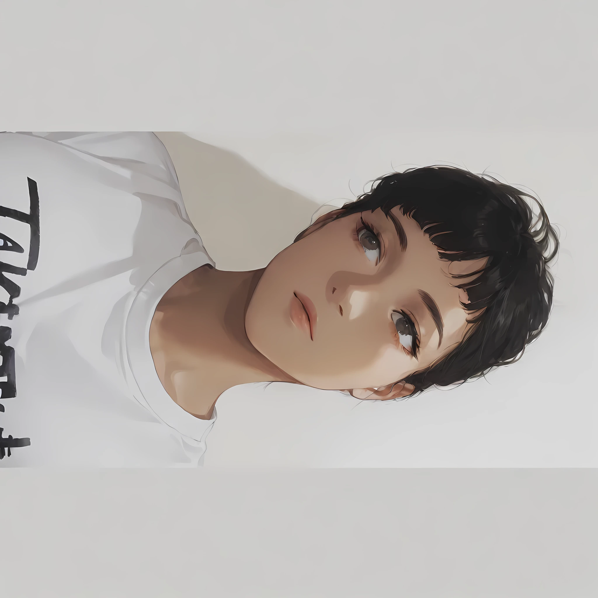 A person is wearing a white T-shirt with black printed text across the chest. The fabric of the T-shirt appears soft and slightly crumpled, suggesting a casual setting. The black text on the shirt is bold, offering a clear contrast against the white background, though the specific words are partially visible. The neckline of the T-shirt is round and has a ribbed texture, which is common in casual wear. The visible part of the hair is dark and slightly tousled, giving a relaxed and informal impression. The overall mood of the image is casual and laid-back, with a focus on everyday attire. The lighting in the photo is neutral, with no dramatic shadows or highlights, indicating it was likely taken in a room with even, diffuse lighting.