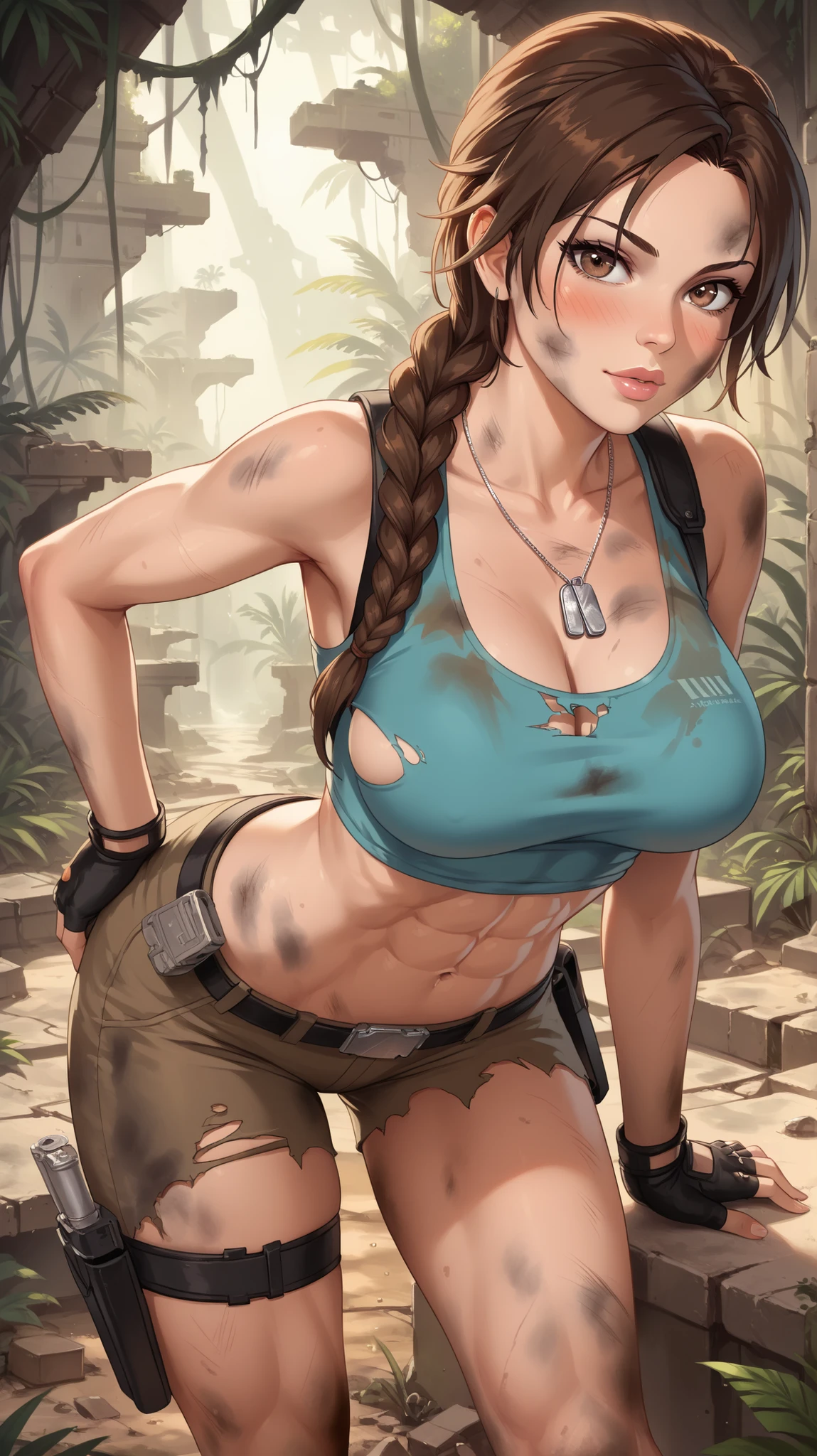 tied up Tomb Raider lying on the grass, aliens peeing on her body