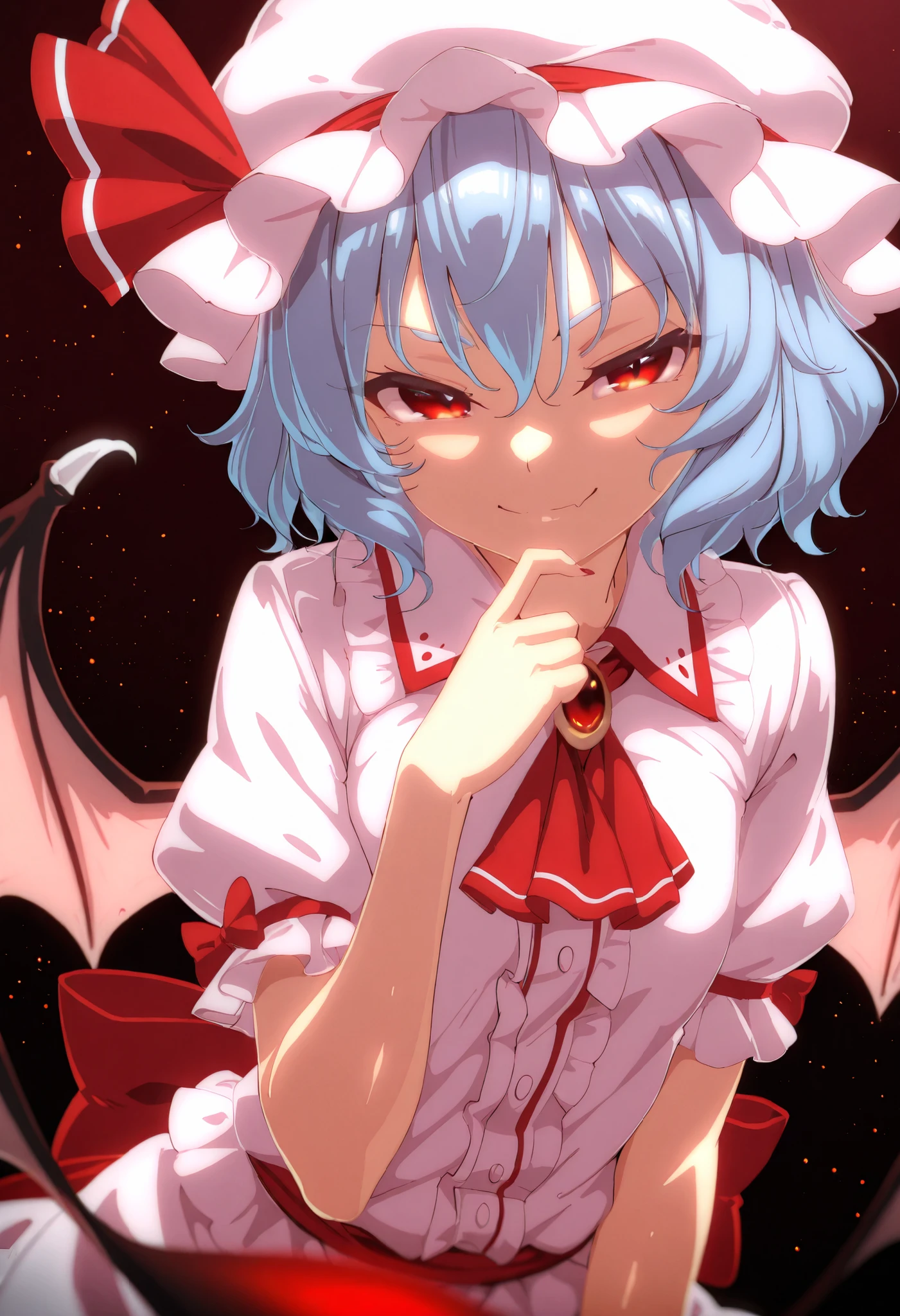(masterpiece, best quality, high quality, highres, ultra-detailed), 1girl, simple background, light smile, Theobrobine, abstract background, looking at viewer, zzRemilia, red eyes, blue hair, short hair, hat, ribbon, wings, ascot, hat ribbon, bat wings, short sleeves, frills, puffy sleeves, smug expression, looking at viewer